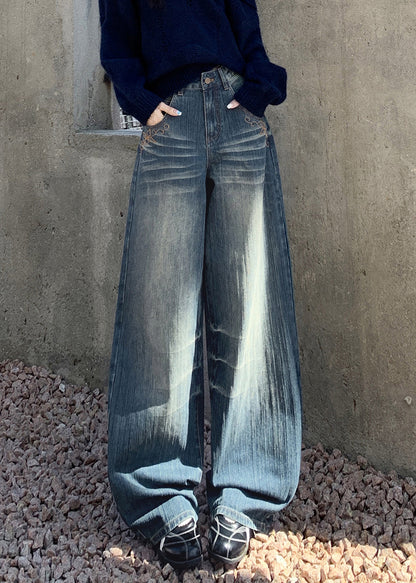 Blue Embroidered Pockets Denim Wide Leg Pants Spring