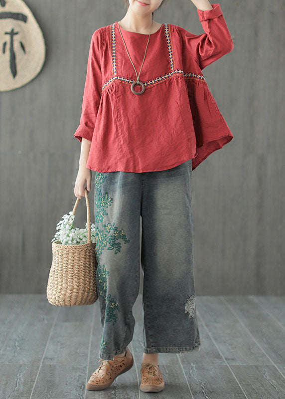Blue Embroideried Cotton Ripped Jeans Pants Fall