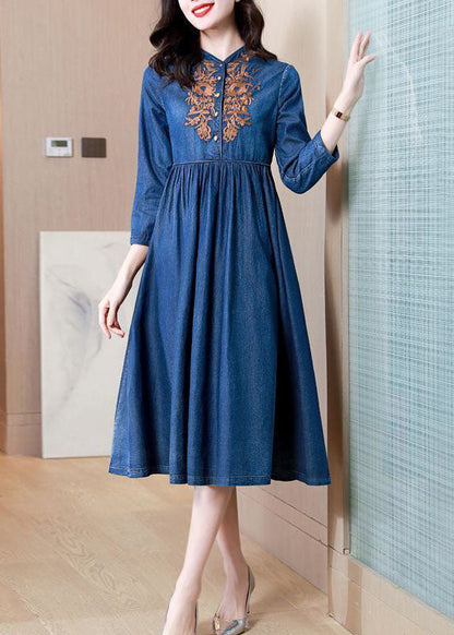 Blue Embroideried Exra Large Hem Cotton Denim Dress Bracelet Sleeve