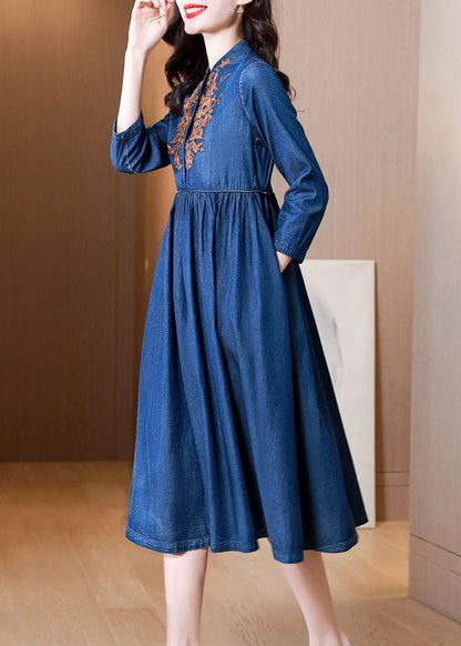 Blue Embroideried Exra Large Hem Cotton Denim Dress Bracelet Sleeve
