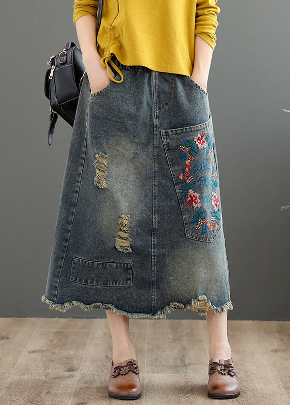 Blue Embroideried Patchwork Patchwork a Line Skirt Summer