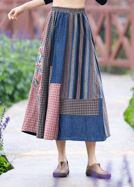 Blue Embroideried Plaid Patchwork Elastic Waist a Line Skirt Summer