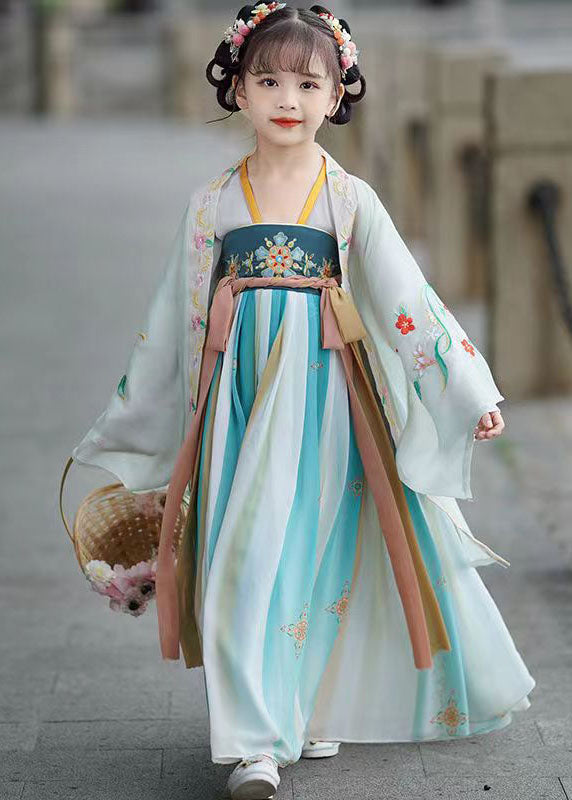 Blue Embroideried Wrinkled Patchwork Chiffon Kids Long Dresses Summer