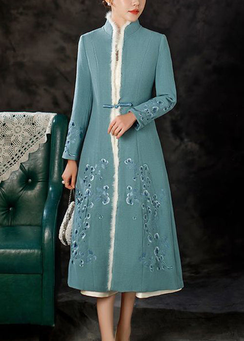 Blue Fur Collar Button Patchwork Cotton Long Coats Winter