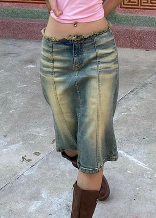 Blue Gradient Color Zip Up High Waist Patchwork Denim Skirt Fall