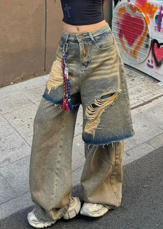 Blue High Waist Fake Two Pieces Hole Denim Pants Spring
