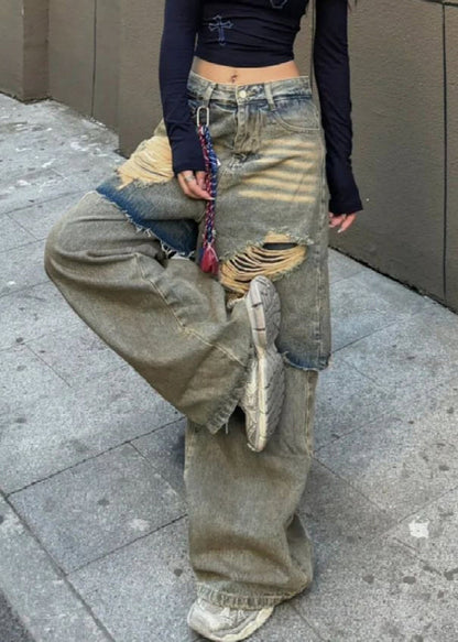 Blue High Waist Fake Two Pieces Hole Denim Pants Spring