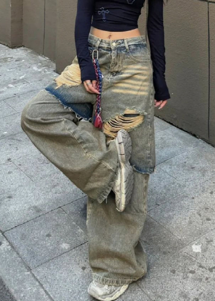 Blue High Waist Fake Two Pieces Hole Denim Pants Spring