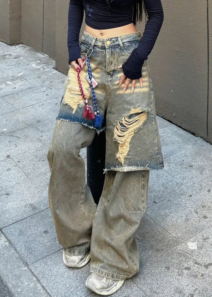 Blue High Waist Fake Two Pieces Hole Denim Pants Spring
