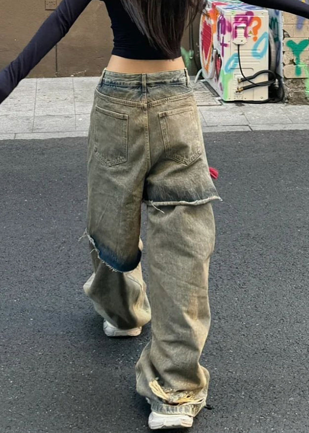 Blue High Waist Fake Two Pieces Hole Denim Pants Spring