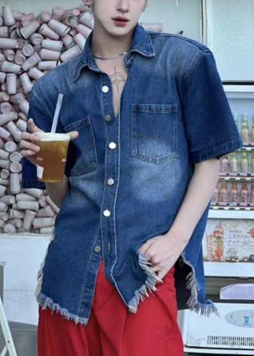 Blue Hole Button Denim Shirts Summer