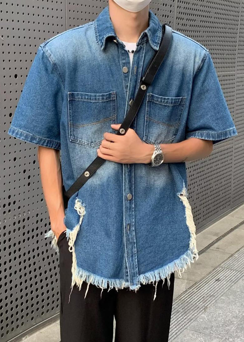 Blue Hole Button Denim Shirts Summer