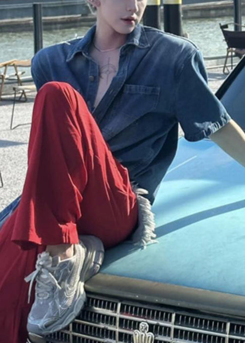 Blue Hole Button Denim Shirts Summer
