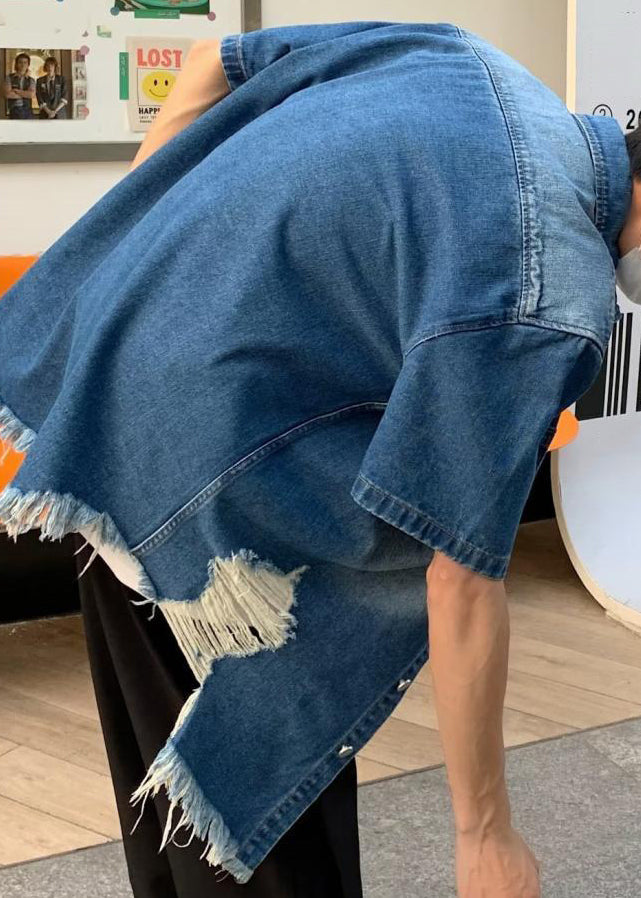 Blue Hole Button Denim Shirts Summer