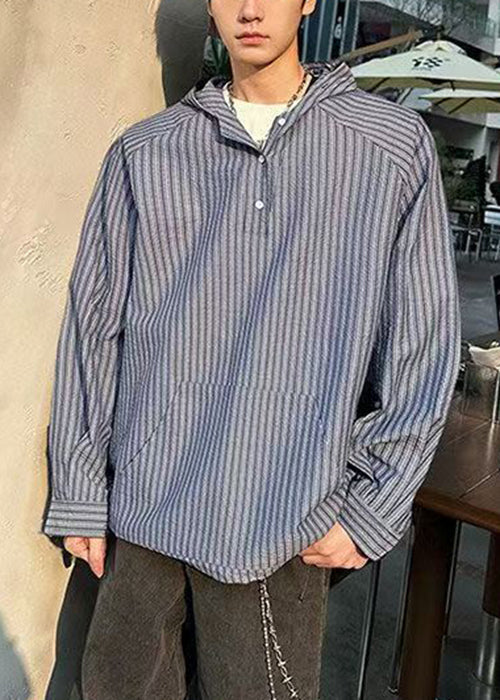 Blue Hooded Striped Button Cotton Shirts Spring