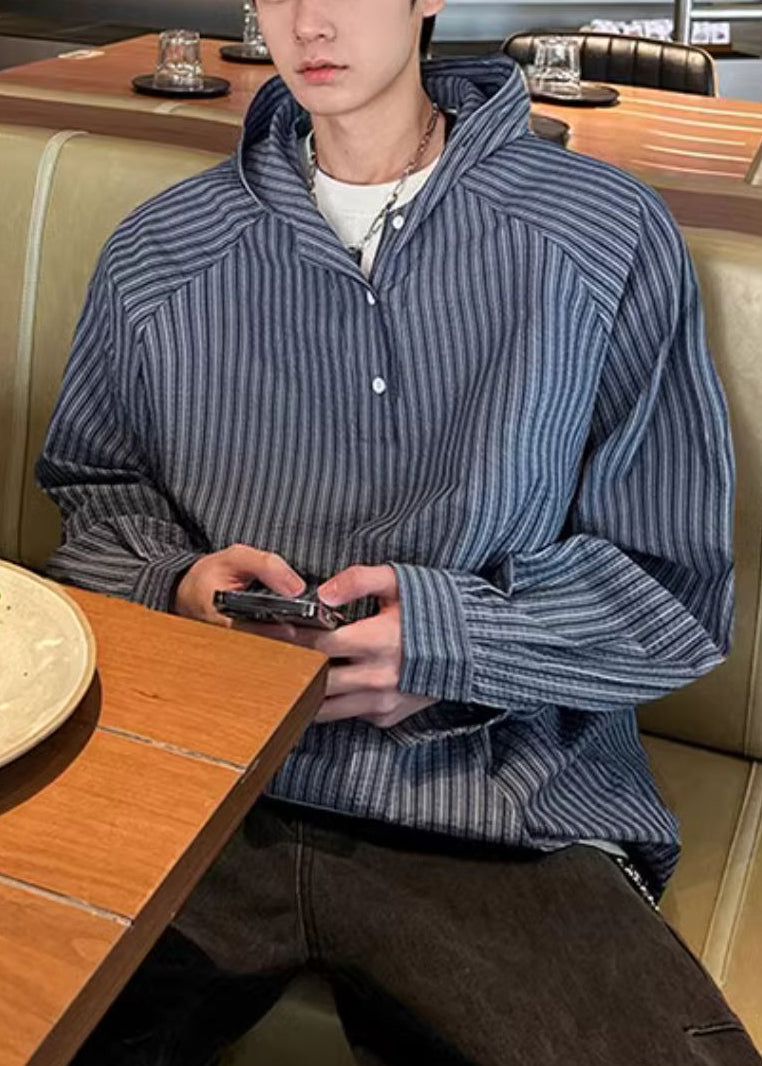 Blue Hooded Striped Button Cotton Shirts Spring