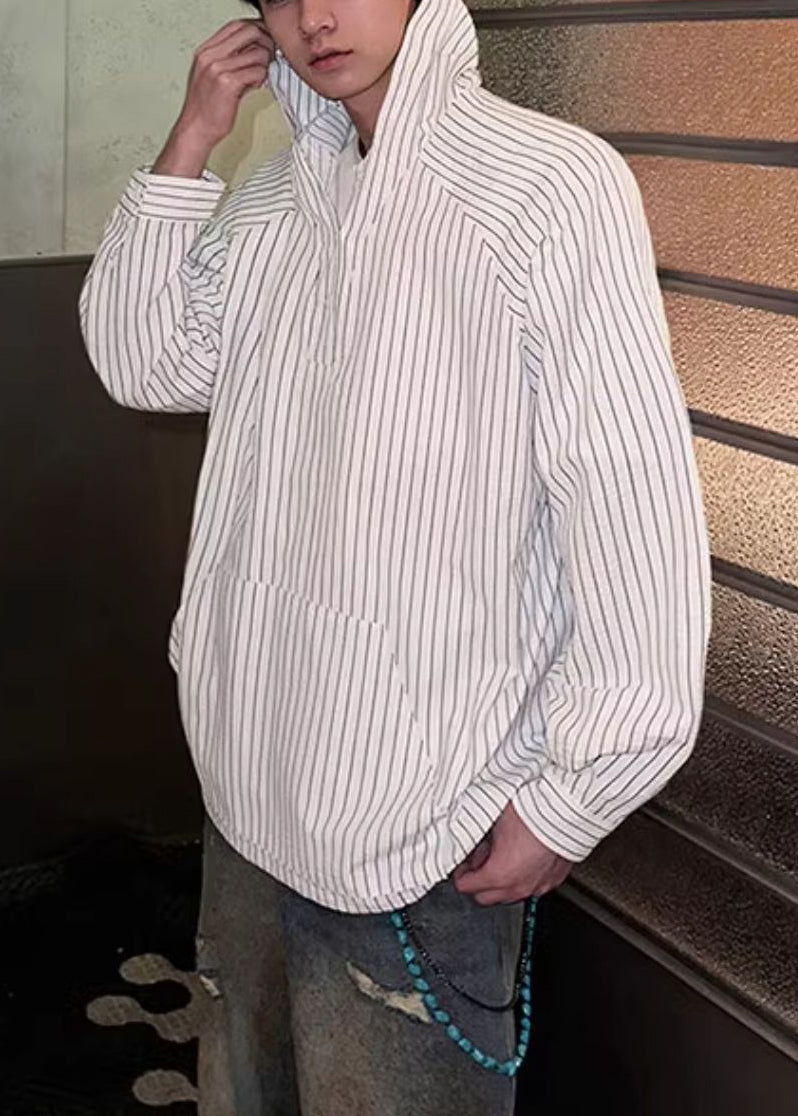 Blue Hooded Striped Button Cotton Shirts Spring