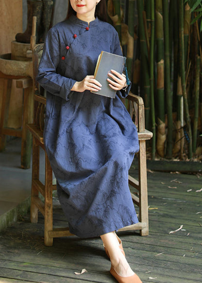 Blue Mandarin Collar Button Print Dresses Caftan Long Sleeve