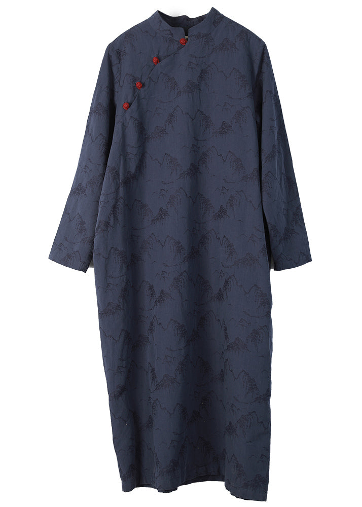 Blue Mandarin Collar Button Print Dresses Caftan Long Sleeve