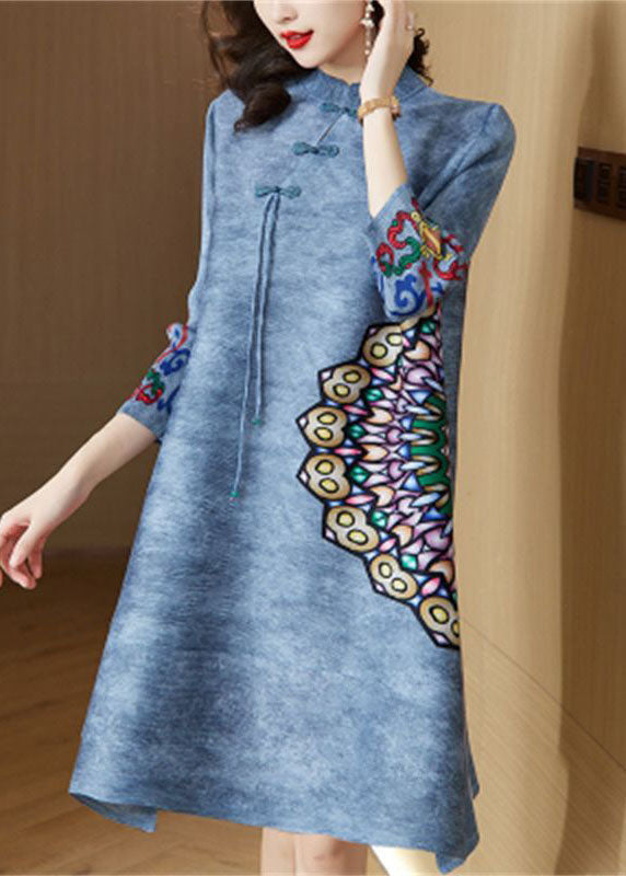 Blue Mandarin Collar Print Oriental a Line Dress Spring