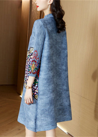 Blue Mandarin Collar Print Oriental a Line Dress Spring