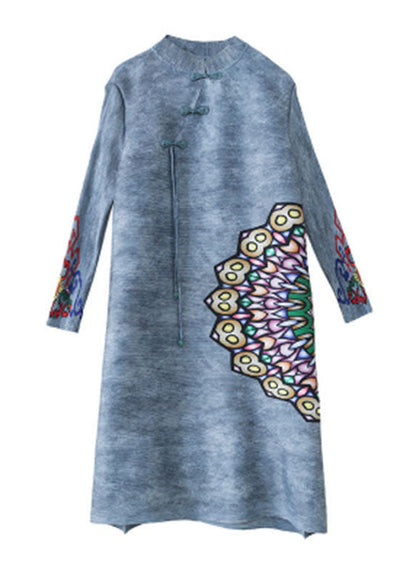 Blue Mandarin Collar Print Oriental a Line Dress Spring