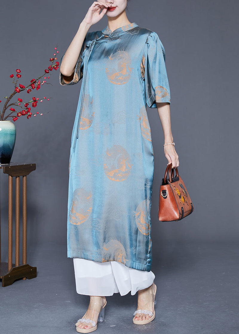 Blue Mandarin Collar Print Silk Long Dresses Summer