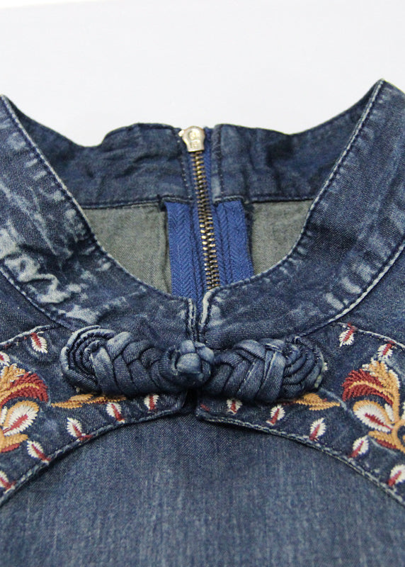 Blue Mandarin Collar Ruffled Cotton Long Denim Dress Cloak Sleeve