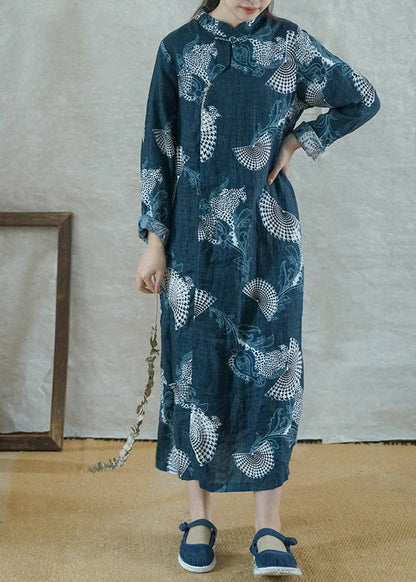 Blue Mandarin Collar Side Open Print Linen Long Dress Long Sleeve
