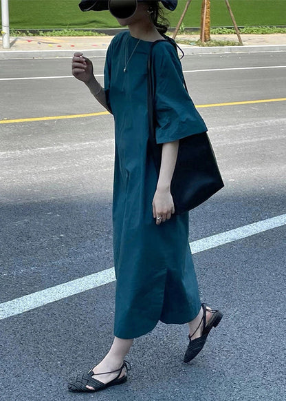 Blue O Neck High Waist Cotton Long Dress Half Sleeve