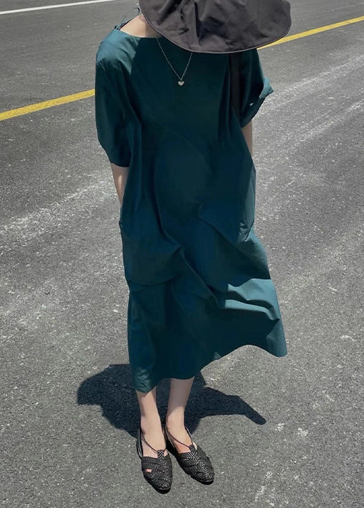 Blue O Neck High Waist Cotton Long Dress Half Sleeve