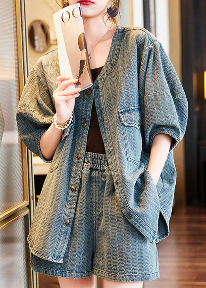 Blue O-neck Patchwork Denim Shirt and Shorts Two Pieces Set Summer