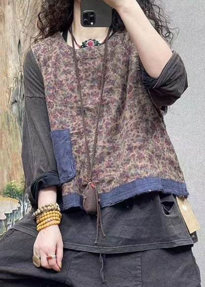 Blue O-neck Print Pockets Linen Waistcoat Sleeveless