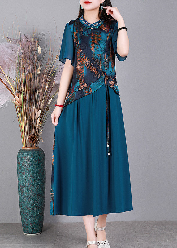 Blue O-neck Print Silk Long Dresses Short Sleeve
