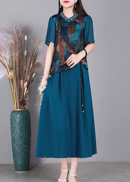 Blue O-neck Print Silk Long Dresses Short Sleeve