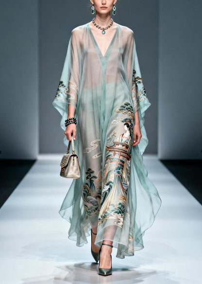 Blue Oversized Print Chiffon Long Dresses Summer
