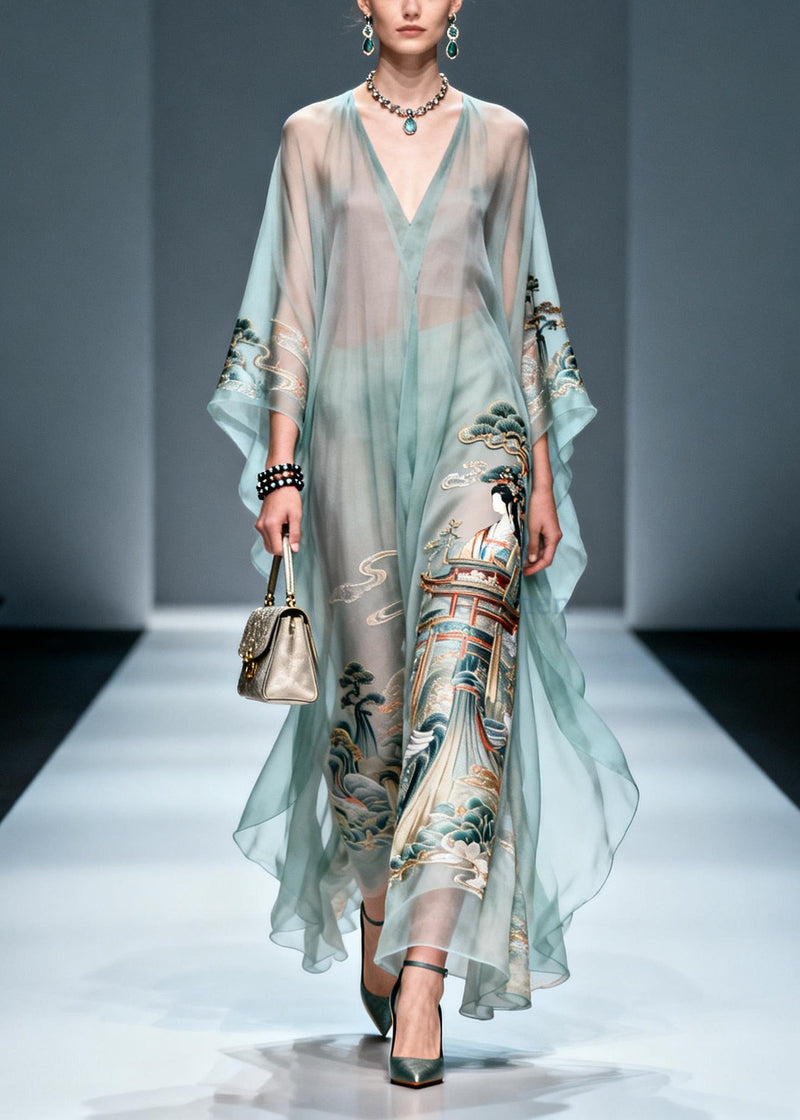 Blue Oversized Print Chiffon Long Dresses Summer