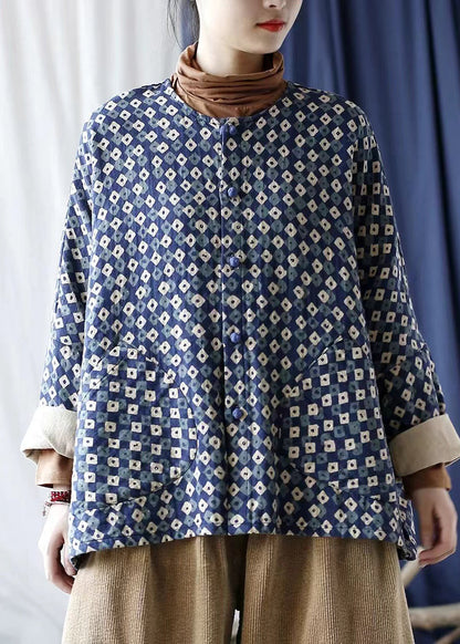 Blue Oversized Print Linen Coat Spring