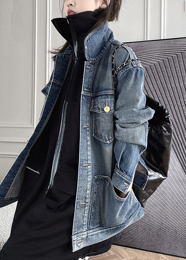 Blue Patchwork Button Denim Coat Long Sleeve