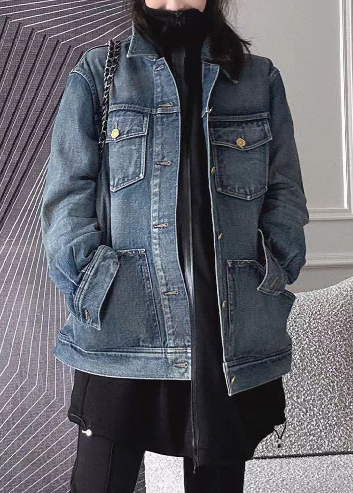 Blue Patchwork Button Denim Coat Long Sleeve