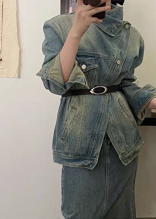 Blue Patchwork Button Sashes Denim Coats Fall
