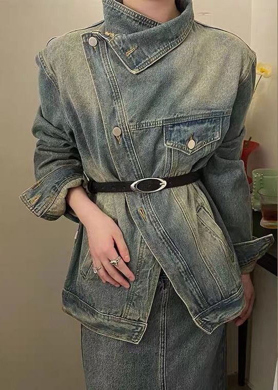 Blue Patchwork Button Sashes Denim Coats Fall