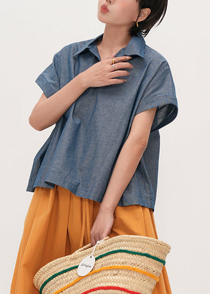 Blue Peter Pan Collar Oversized Cotton Shirts Summer