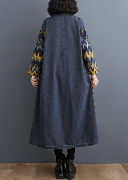 Blue Peter Pan Collar Print Button Denim Long Trench Coat Fall