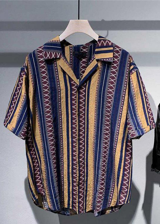 Blue Peter Pan Collar Striped Cotton Shirt Summer