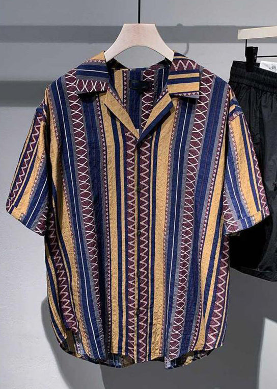 Blue Peter Pan Collar Striped Cotton Shirt Summer