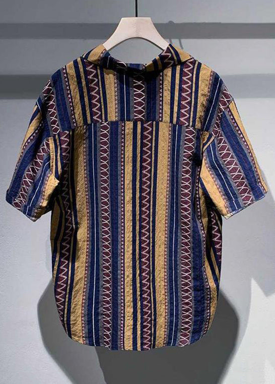 Blue Peter Pan Collar Striped Cotton Shirt Summer