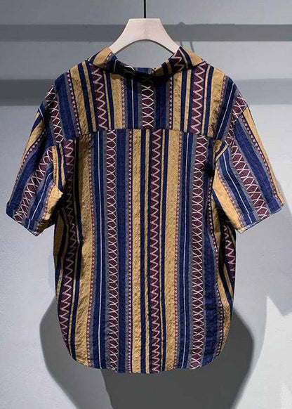 Blue Peter Pan Collar Striped Cotton Shirt Summer
