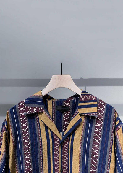 Blue Peter Pan Collar Striped Cotton Shirt Summer