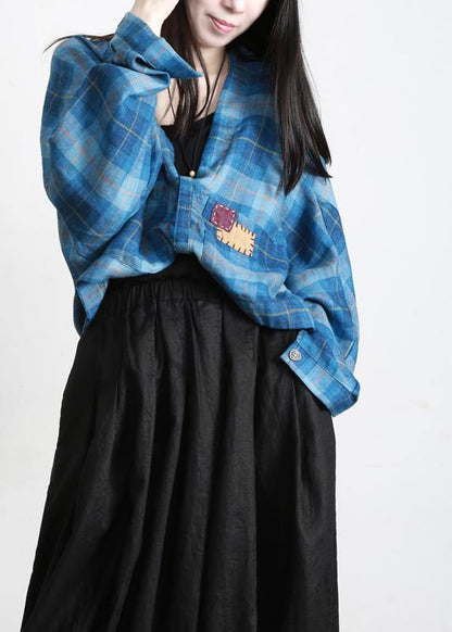 Vintage Blue Plaid Batwing Sleeve Linen Summer Shirt Tops